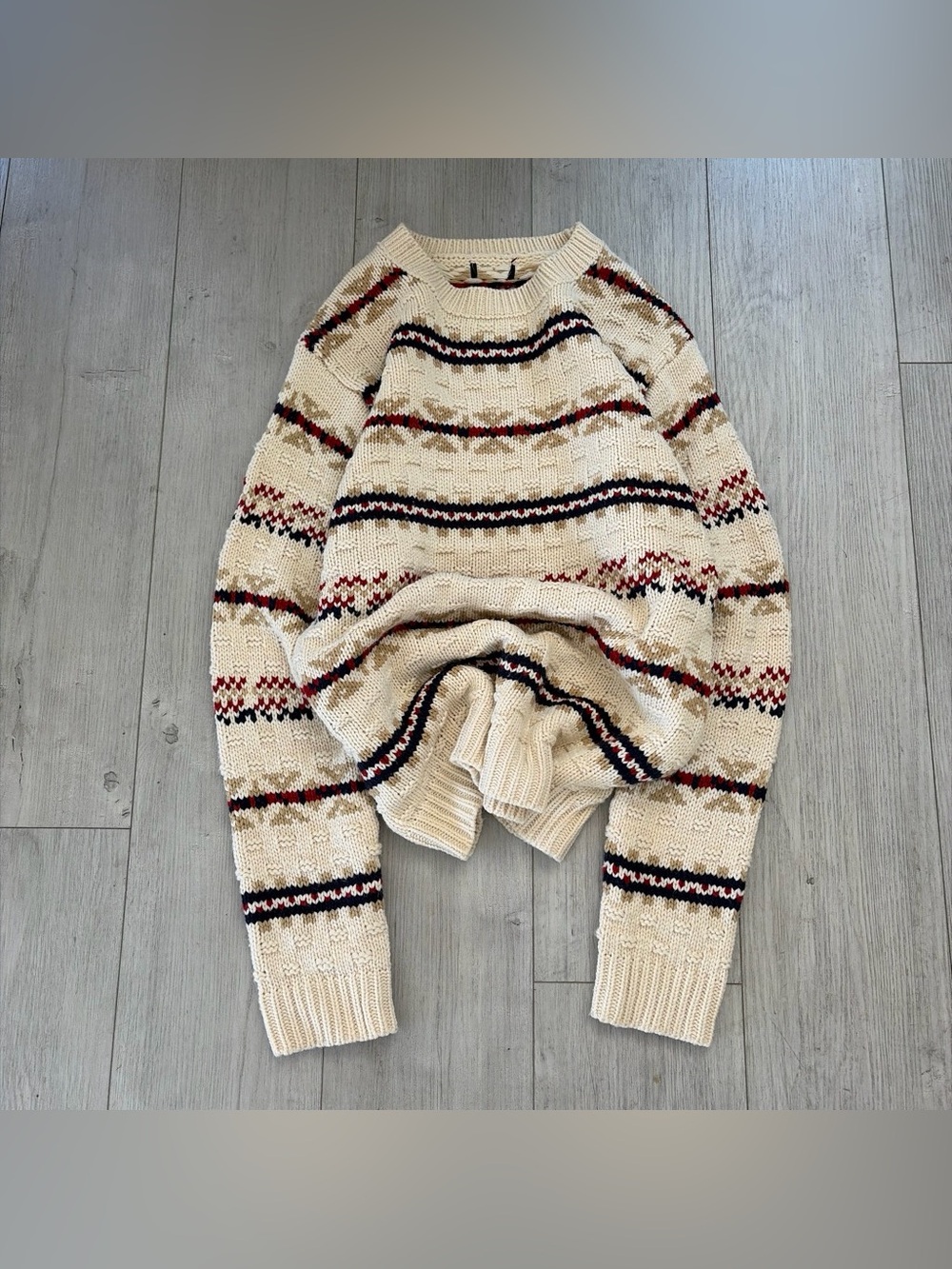 Vintage Cream Crewneck Sweater with Burgundy & Navy Stripes